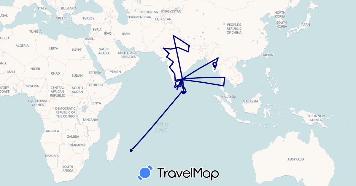 TravelMap itinerary: driving in India, Sri Lanka, Myanmar (Burma), Nepal, Réunion, Thailand (Africa, Asia)